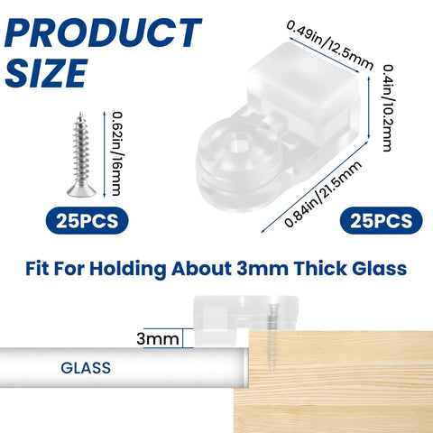 Premium Clear Glass Retainer Clips With Corrosion Proof Stainless Screws Twenty Five Pack size dimensions with mounting options for 3mm thick glass.