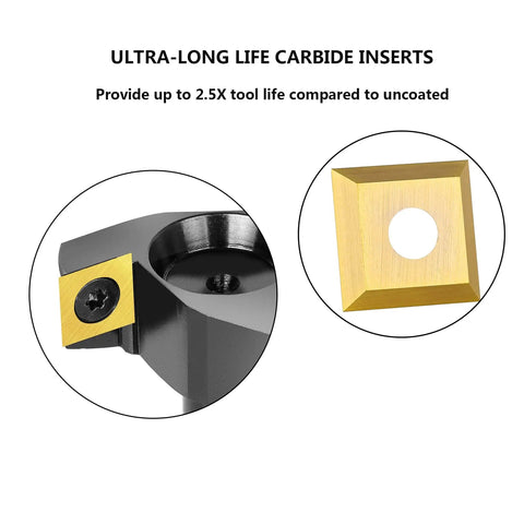 Durable Heavy Duty CNC Spoilboard Surfacing Router Bit With Half Inch Shank And Two Inch Cutting Diameter Three Wing Carbide Insert Planer For Flattening Slab Surfaces And Wood Bottom Cleaning with long life carbide inserts.