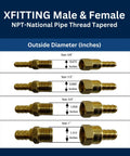 Diagram showing Xfitting male and female NPT brass adapters with sizes from 3/8 inch to 1 inch.