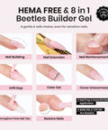 Nude Builder Gel Set With Base Coat And Top Coat HEMA Free, demonstrating nail building, extension, reinforcement, and color gel.