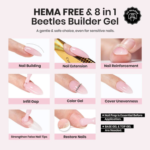 Nude Builder Gel Set With Base Coat And Top Coat HEMA Free, demonstrating nail building, extension, reinforcement, and color gel.
