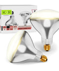 250 Watt R40 Heat Lamp Bulbs Pack Of 2 Clear Incandescent Reflector Lamps with E26 Base 120V next to product packaging