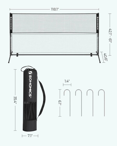 10 Ft Badminton Net With Height Adjustable Poles And Clear Height Marks For Badminton Tennis Beach Volleyball And Pickleball Foldable Nylon Net Portable Indoor Outdoor Court Setup With Carry Bag Black, showing net and carry bag.