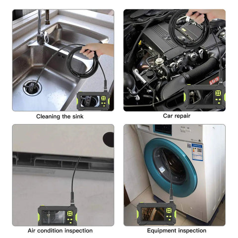 Dope 1080P HD Handheld Borescope With 4.3 Inch LCD Screen inspecting sink, car, air conditioning, and washing machine.