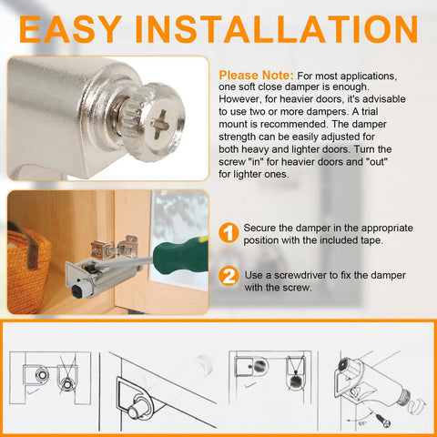 Installation instructions for Twenty Five Pack Soft Close Cabinet Door Dampers featuring adjustable mechanism and solid ABS construction.