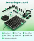 Go To Solar Fountain Pump With Battery Backup For Bird Bath And Garden, 8.5W Solar Panel layout with accessories and dimensions