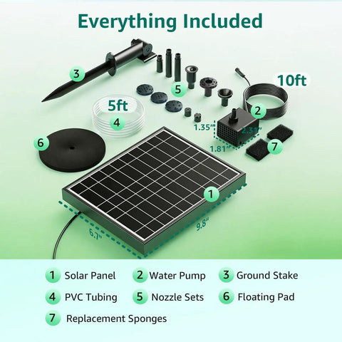 Go To Solar Fountain Pump With Battery Backup For Bird Bath And Garden, 8.5W Solar Panel layout with accessories and dimensions