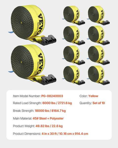 Beefy Heavy Duty Tie Down Straps 4 In By 30 Ft With Flat Hooks 18,000 Lbs Break Strength WLL 6,000 Lbs 10 Pack Cargo Straps