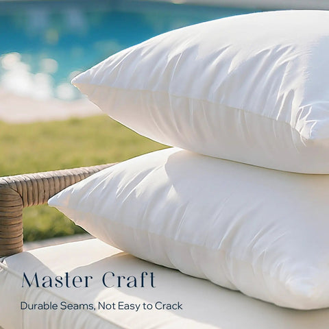 Outdoor Pillow Inserts 18x18 Pack Of 4 Waterproof Cushions for Patio and Porch Furniture stacked on outdoor chair