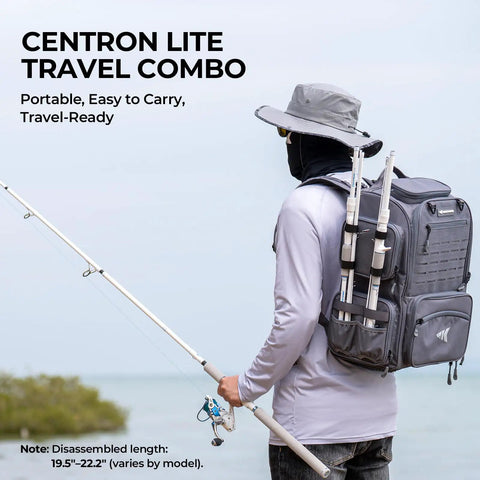 Person holding Centron Lite Travel Spinning Rod And Reel Combo 6 Foot 6 Inch Medium Light Packable Setup with backpack.