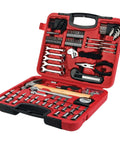107 Piece Home And Auto Tool Set With Reversible 3/8 Inch Drive Ratchet, Pliers, Wrenches, Bit Driver Hammer, Tape Measure in red case