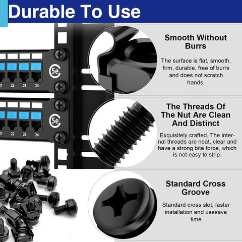 Heavy Duty M5 Rack Mount Screws And Cage Nuts With Nylon Locking Washers Stainless Steel Server Rack Hardware Kit showcasing black zinc plated fasteners.