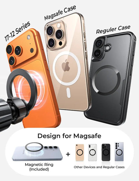 Three iPhone models showing MagSafe and regular cases, with a MagSafe car mount and magnetic ring, designed for iPhone 12 to 17.