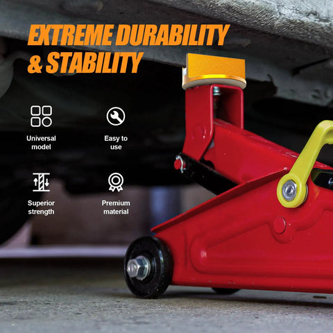 2Pack Magnetic Frame Rail Protector for Cars With Aluminum Grooved Pinch Weld Adapter used on a red jack under a car