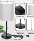 Two Pack 17.3 Inch Table Lamps With USB Ports And AC Outlet, Modern Gray Fabric Shade Lamps With Pull Chain Switch, shown with details.