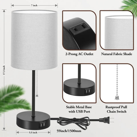 Two Pack 17.3 Inch Table Lamps With USB Ports And AC Outlet, Modern Gray Fabric Shade Lamps With Pull Chain Switch, shown with details.