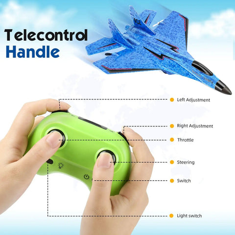 Remote Control Airplane Toy For Outdoors 2CH 2.4Ghz RC Plane With Lights, Durable Foam Jet shown with green remote control