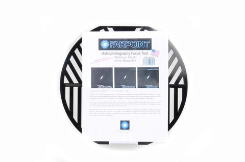 Bahtinov Focus Mask for Meade 12 Inch SCT FP414 packaging with product label and focus examples