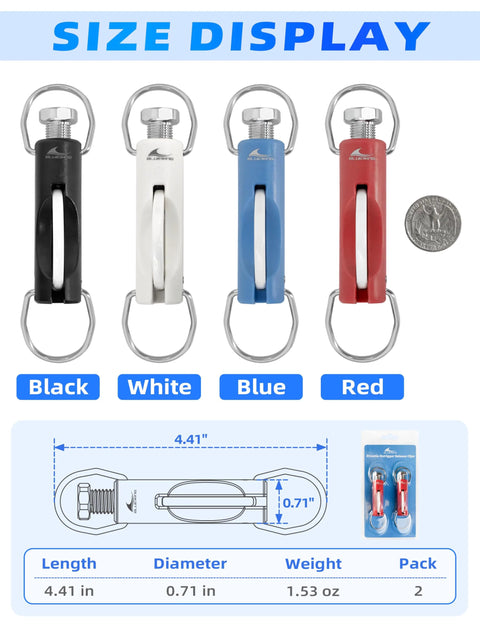 Front view of four BLUEWING zirconia outrigger release clips in black, white, blue, red with loop rings.