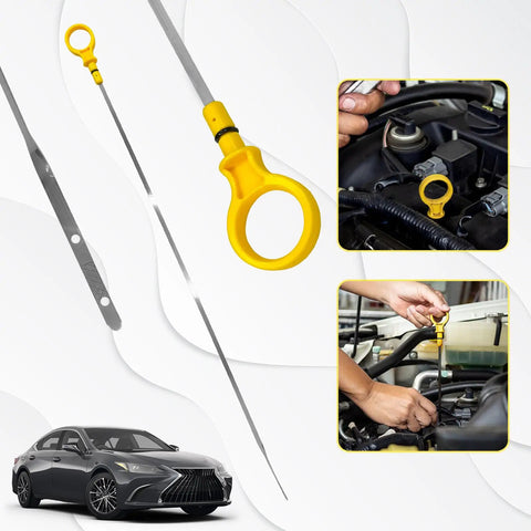 Engine Oil Dip Stick Replacement CJ5Z-6750-A For Accurate Oil Level Check in use on Ford 2.0L engine with yellow handle detail