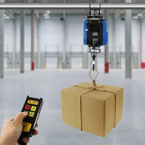 Huge 1100 Lb Electric Winch With Wireless Remote And 98 Foot Cable, Powerful 1800W Motor lifting a box with remote control.