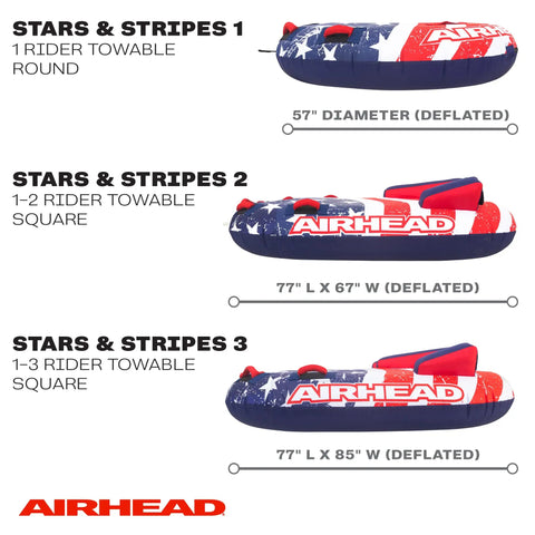 Airhead Stars And Stripes Towable Tube For 1 Rider Boating And Water Sports Made In The USA Heavy Duty Full Nylon Cover Patented Speed Safety Valve For Easy Inflation And Deflation Foam Padded Handles, 1 rider round tube, 57" deflated