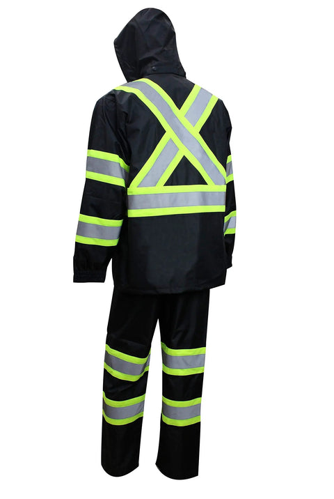 Back view of TBK66 Class 3 Rain Suit Jacket And Pants With Hi Vis Reflective X Pattern, detachable hood and black bottom.