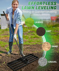 Person using Lawn Leveling Rake For Easy Yard Work 30x10 Inch Head 73 Inch Heavy Duty Tool With Stainless Steel Handle