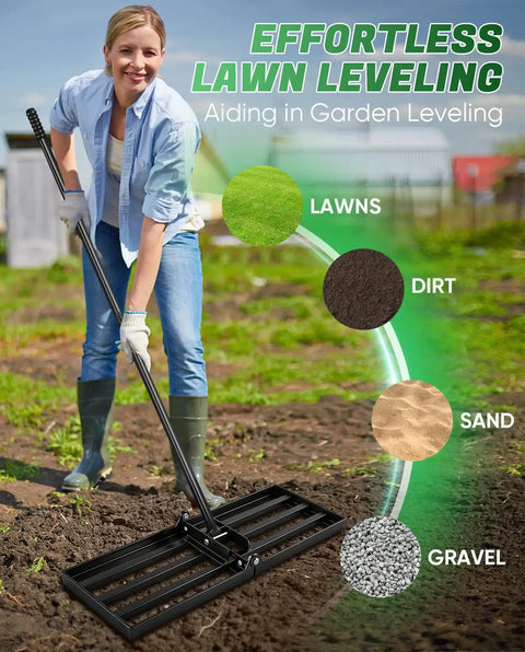 Person using Lawn Leveling Rake For Easy Yard Work 30x10 Inch Head 73 Inch Heavy Duty Tool With Stainless Steel Handle