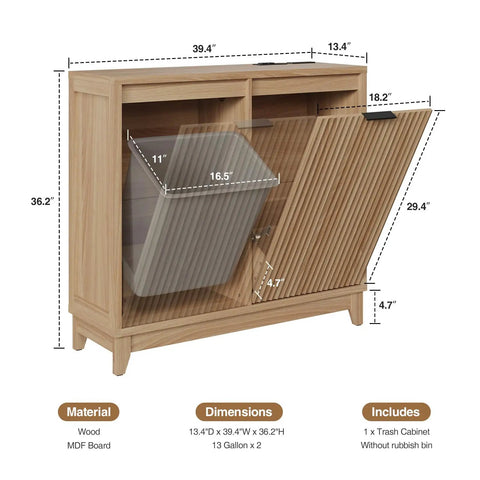 Double Tilt Out Trash Can Cabinet With Odor Control And Built In Outlets Fluted design, dimensions labeled, showing tilt-out feature