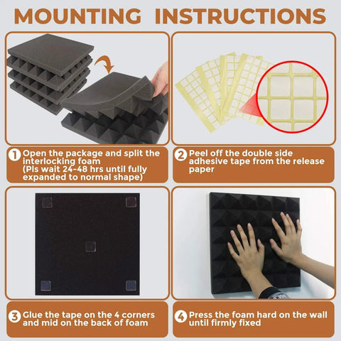 Mounting instructions for 24 Pack Black Pyramid Acoustic Foam Panels 12 X 12 X 2 Inches High Density Soundproof Panels