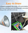 14.84 Inch Steel Bendable Spout Funnel with Filter and hook for easy storage, showing funnel in workshop setting