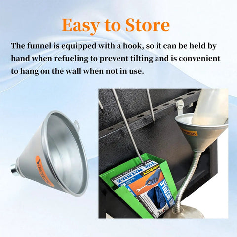 14.84 Inch Steel Bendable Spout Funnel with Filter and hook for easy storage, showing funnel in workshop setting