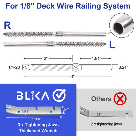 Diagram of 100 Pack T316 Stainless Steel Right And Left Handed Swage Lag Screws For Wood Posts and wrench details.