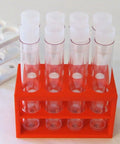 Ultra Compact Eight Position Tube Rack For 5 To 15 Milliliter Centrifuge Or Test Tubes Micro Stand Fits 18 mm Tubes And Syringes Space Saving PLA Not Autoclavable in red with clear test tubes.