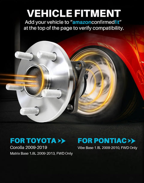 Rear Wheel Bearing Hub Assembly 512403 displayed beside a moving vehicle wheel highlighting Toyota and Pontiac fitment.