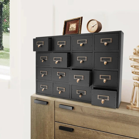 Keep Your Desk Looking Crisp And Ready To Roll With This Solid Wood Apothecary Cabinet Featuring 16 Roomy Drawers And Brass Handles Perfect For Tossing Herbs Tea Bags Cables And Daily Carry Gear.