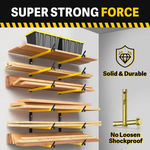 Heavy Duty Folding Lumber Storage Rack 3 Level Wall Mounted Metal Organizer For Garage Woodworking Shop Indoor Outdoor Use Yellow 4 Pairs