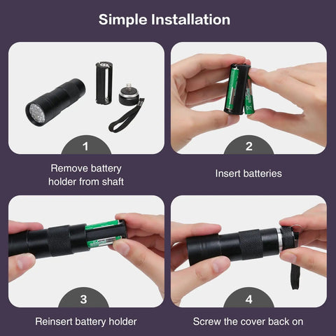Installation steps for Two Pack Of Compact UV Black Light Flashlights Equipped With Twelve Bright LED Bulbs And Three Ninety Five Wavelength.