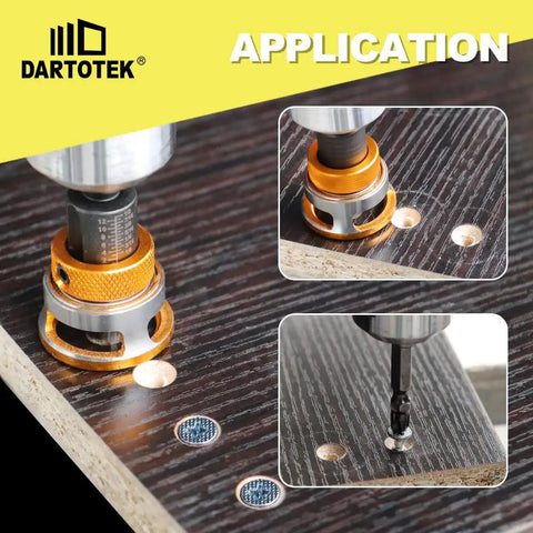 Counter Sink Drill Bit Set With Adjustable Depth HSS M2 Countersink Bits For Wood And Plastic Includes 1/8 9/64 5/32 11/64 3/16 Inch Sizes 82 Degree Counterbore Perfect For Screws And DIY Furniture Projects shown in use on wood surface