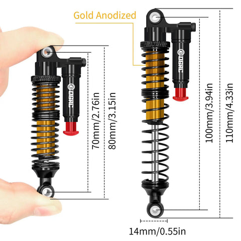 Beefy 100mm Aluminum Adjustable Piggyback RC Shock Absorber For One Tenth Crawlers Like Axial SCX10 TRX4 TRX6 D90 Oil Filled Real Shock With Mechanical Damping Gold Finish Upgrade Part