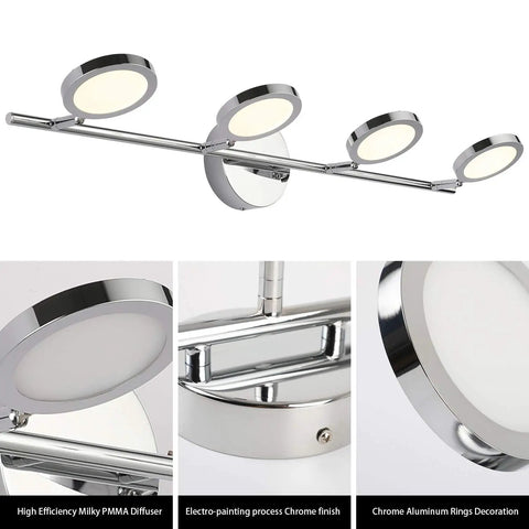 Modern 4 Light Chrome Bathroom Vanity Light Fixture With Adjustable Neck LED Wall Sconces Over Mirror For Home Bath Decor 29.92 Inches Long 4000K Easy Install Sleek Look