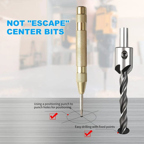 Positioning punch and drill bit for precise holes and fixed points, not 'escape' center bits, in a workshop setting.