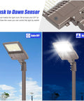 150W LED Pole Light Dusk To Dawn With Slip Fitter, 21000 Lumens, IP65 Outdoor Stadium And Parking Lot Lighting, UL Listed, 5000K Daylight Color, Pole Mount Street Lights For Wide Area Coverage showing dusk to dawn sensor operation
