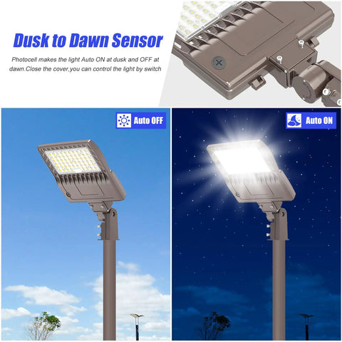 150W LED Pole Light Dusk To Dawn With Slip Fitter, 21000 Lumens, IP65 Outdoor Stadium And Parking Lot Lighting, UL Listed, 5000K Daylight Color, Pole Mount Street Lights For Wide Area Coverage showing dusk to dawn sensor operation