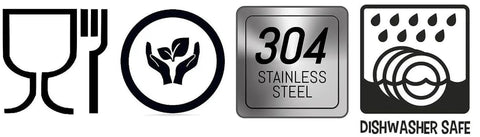 Icons of food safety, eco-friendly, 304 stainless steel, and dishwasher safe features for Future Strainer Set Fine Mesh Stainless Steel 304 18 8.