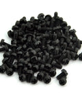 100 Count Black Nylon M3 X 6mm Metric Machine Screws Featuring Phillips Slotted Pan Head in a bulk pile on white background.