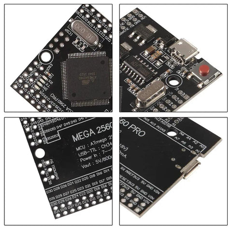 Close-up of Mega 2560 Pro Embedded Board With CH340G USB UART Converter And ATmega2560-16AU Chip showing pin details.