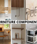 Various furniture components including chairs, shelves, and metal frames displayed in different home settings.