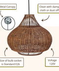 Wicker Pear Pendant Light With Bamboo Ball Design, brown finish, showcasing metal canopy, bulb socket E26, voltage 120V, 18 by 15 inches.